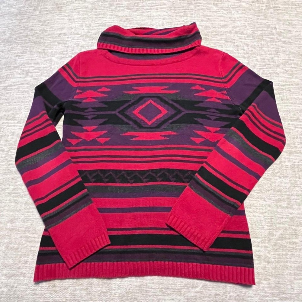 Chaps Women's Small Southwestern Aztec Stripe Turtleneck Sweater Red Purple Blac